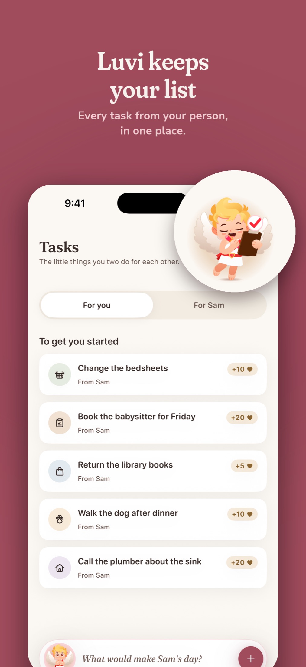 LuvTask task list: three small tasks from a partner, each with a heart value.